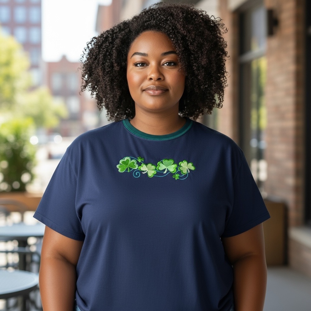 PFI Fashion Navy Shamrock Appliqué Tee 2X Cotton Feel Plus Size St Patrick’s